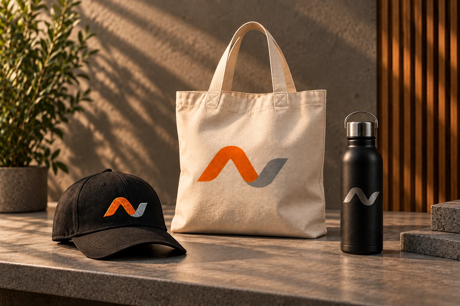 A cap, canvas tote and bottle printed with an orange and grey logo.